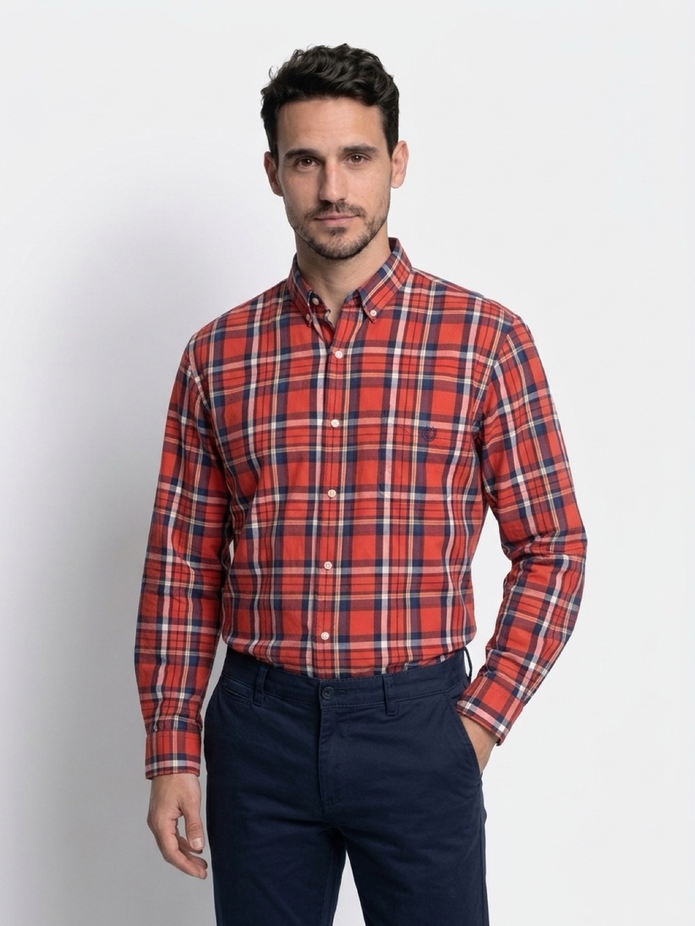 Chaps Easy Care Shirt Mens 2XL Red Orange Navy Plaid Button-Down LS - Picture 11 of 11
